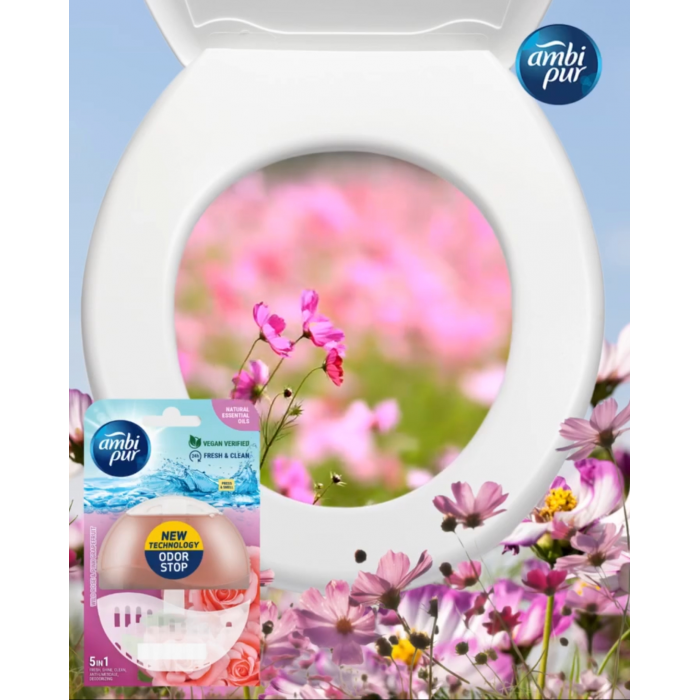Подвесной блок для туалета Ambi Pur Odor Stop 5в1 Дикая роза и грейпфрут, 55 мл - 